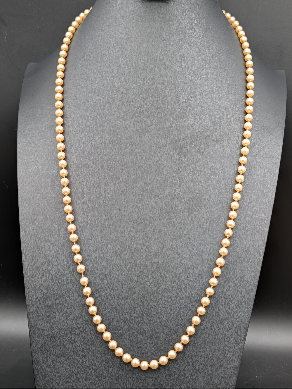 Vintage GSILVER Glass Bead Pearl Strand Hand Knotted Opera Necklace 30" Goldtone